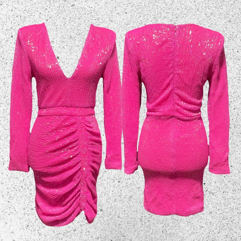 Lavish Alice Hot Pink Sequin Ruched V-Neck Mini Dress